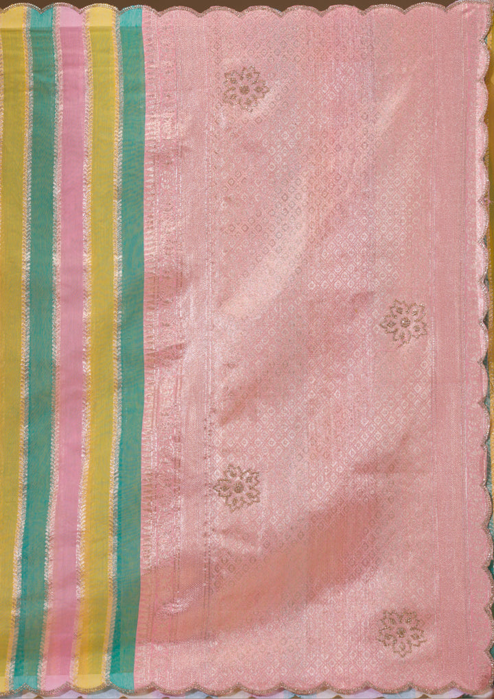 Onion Pink Zariwork Tissue Saree-Koskii