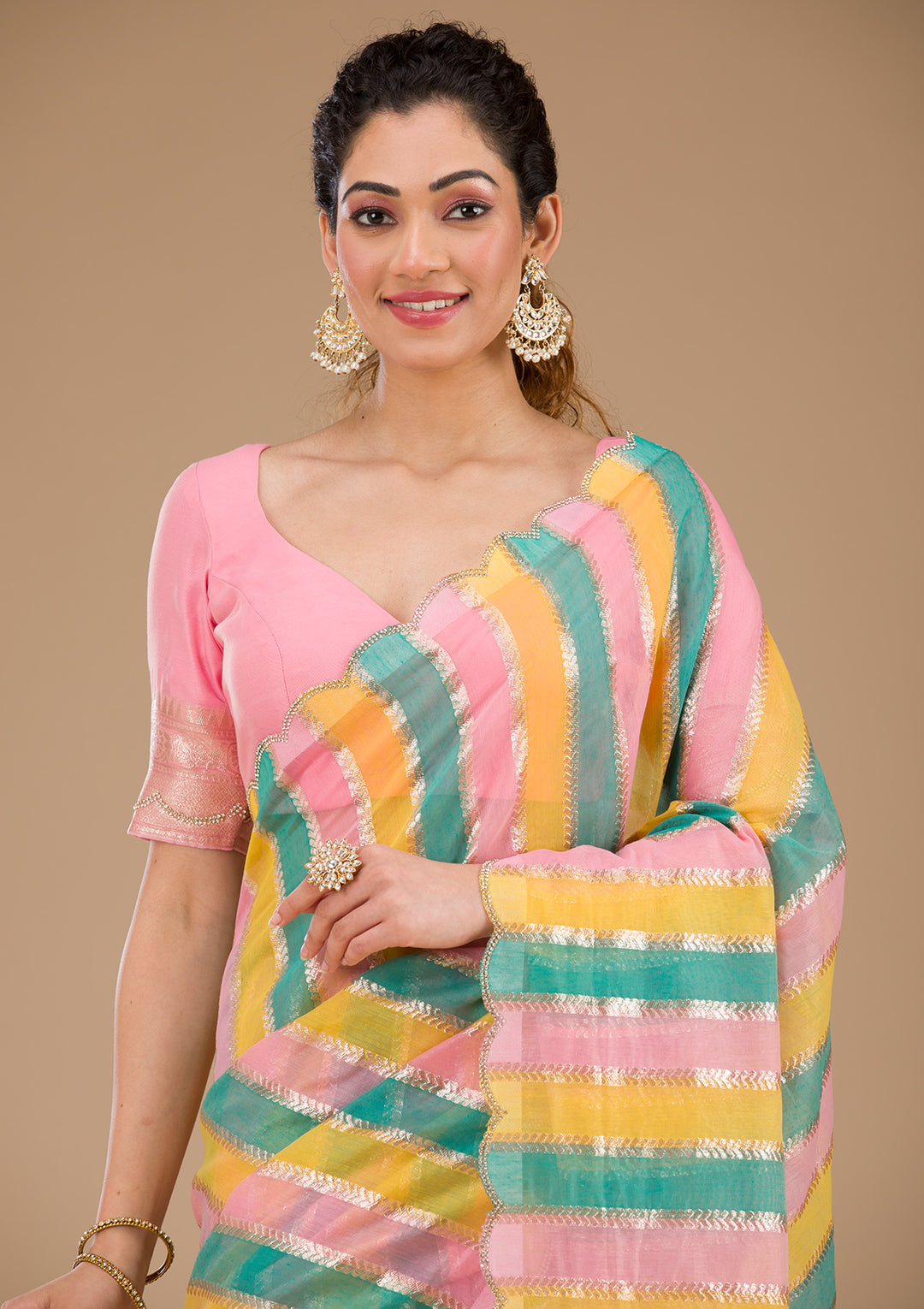 Onion Pink Zariwork Tissue Saree-Koskii