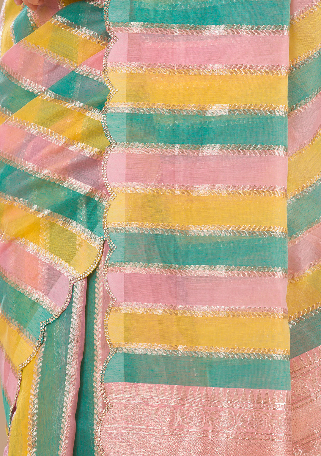 Onion Pink Zariwork Tissue Saree-Koskii