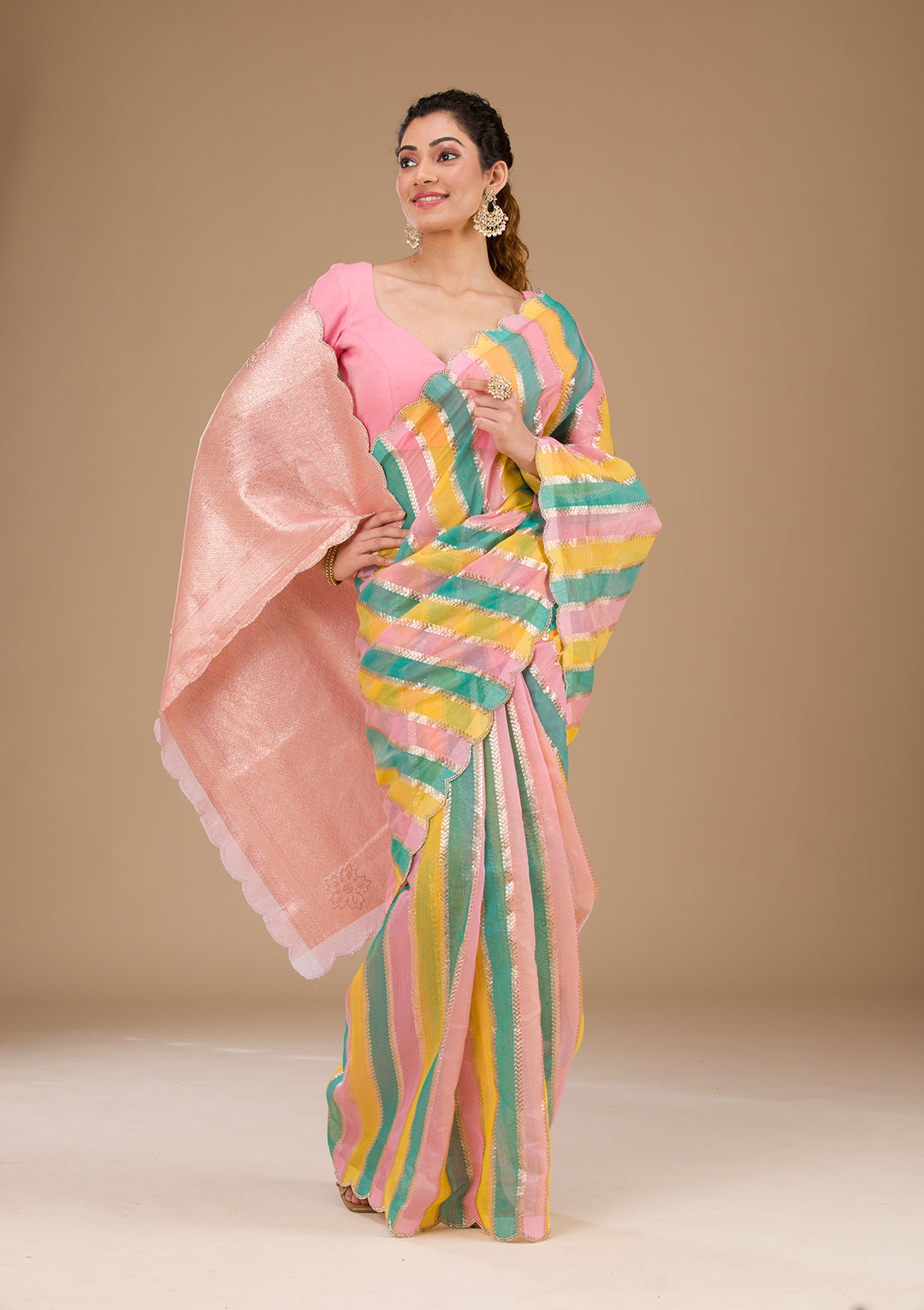 Onion Pink Zariwork Tissue Saree-Koskii