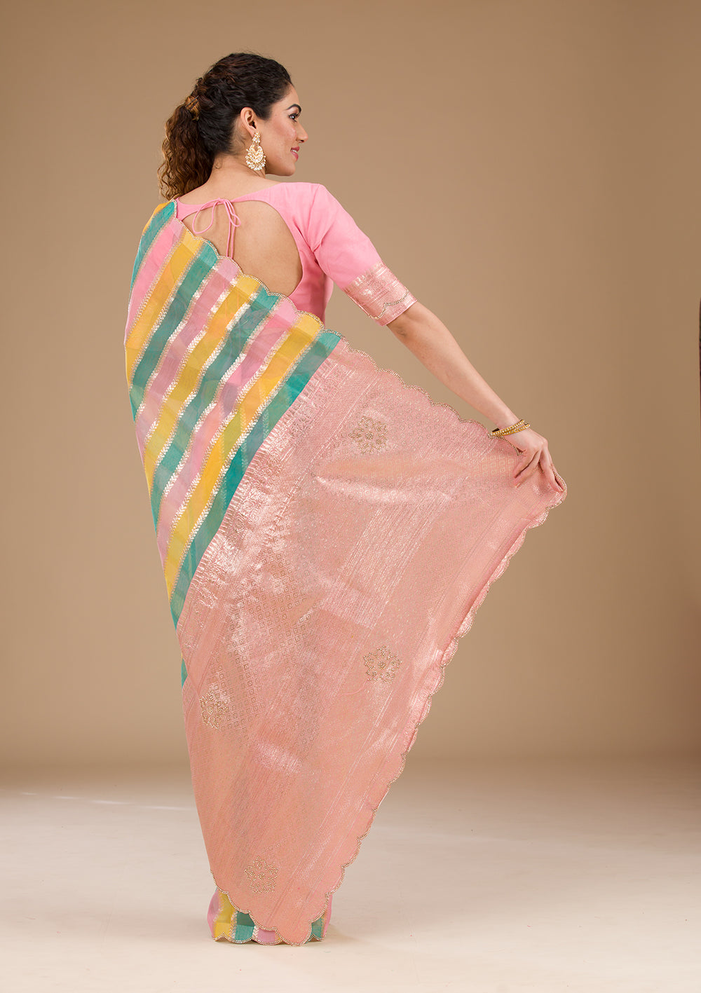 Onion Pink Zariwork Tissue Saree-Koskii