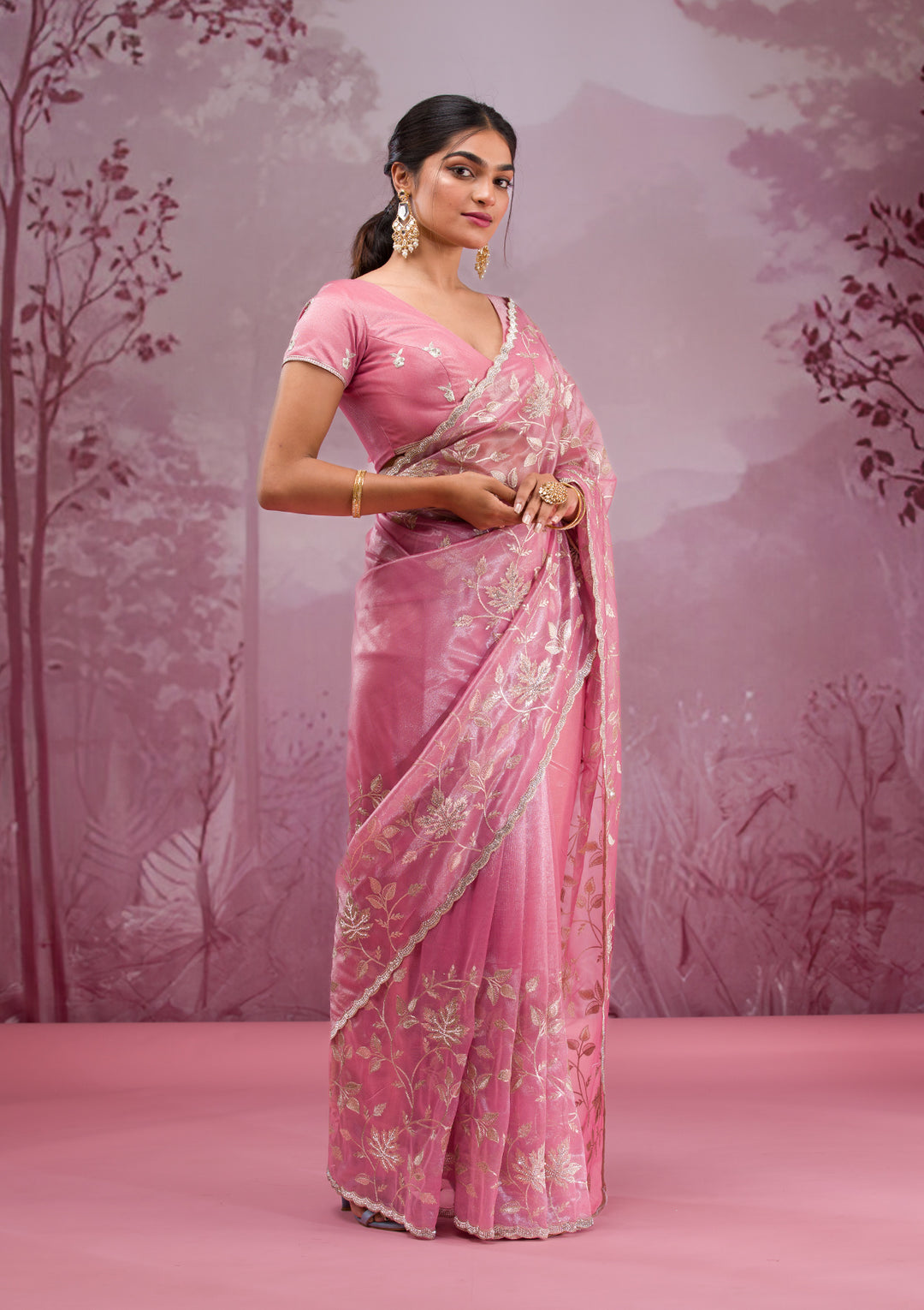 Onion Pink Zariwork Tissue Saree