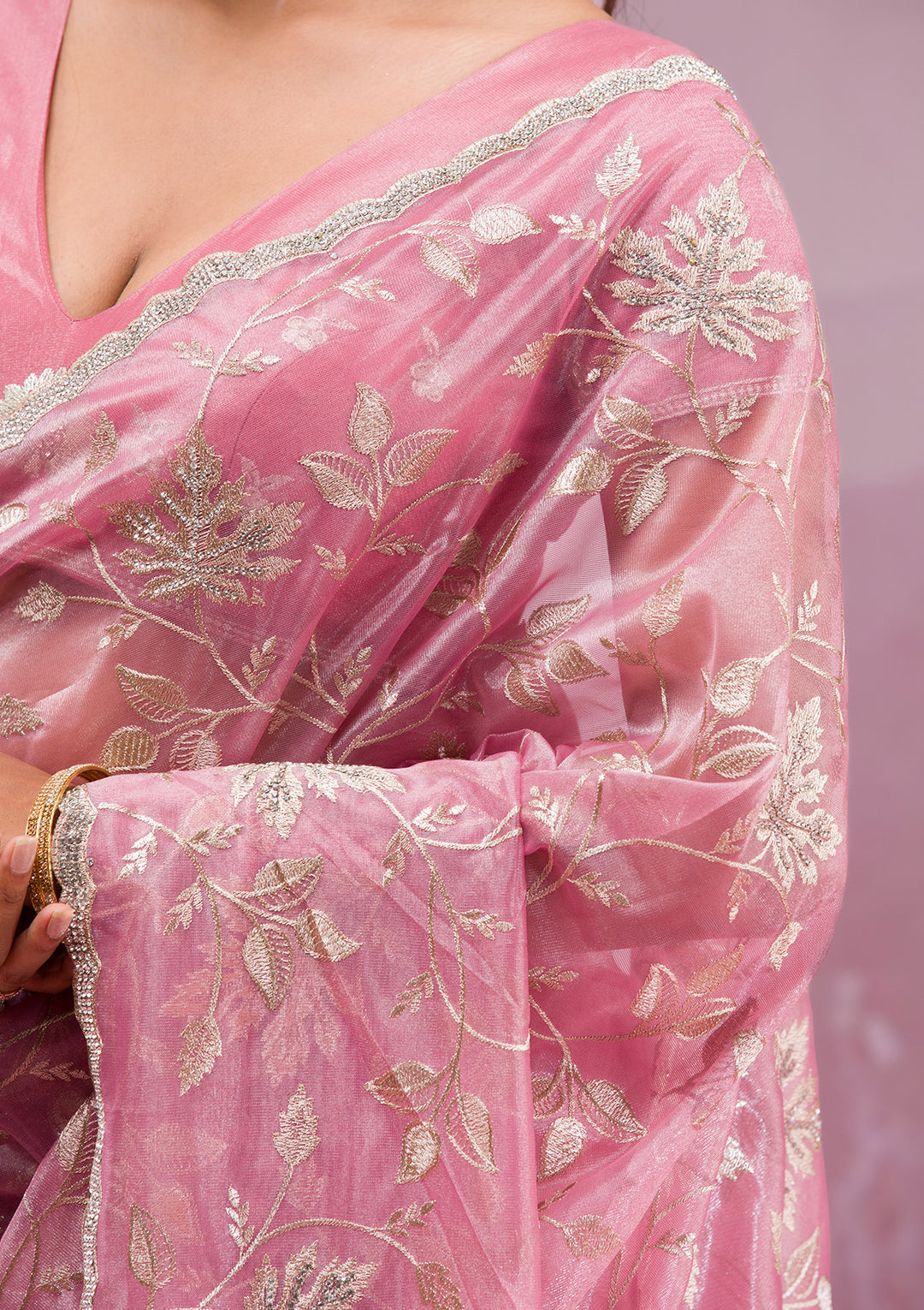 Onion Pink Zariwork Tissue Saree