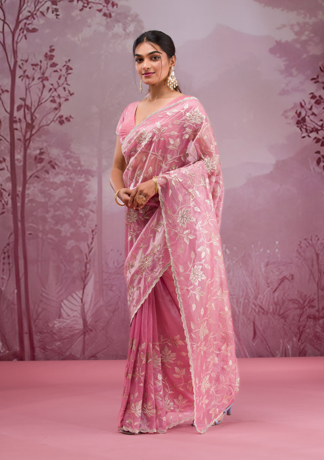 Onion Pink Zariwork Tissue Saree