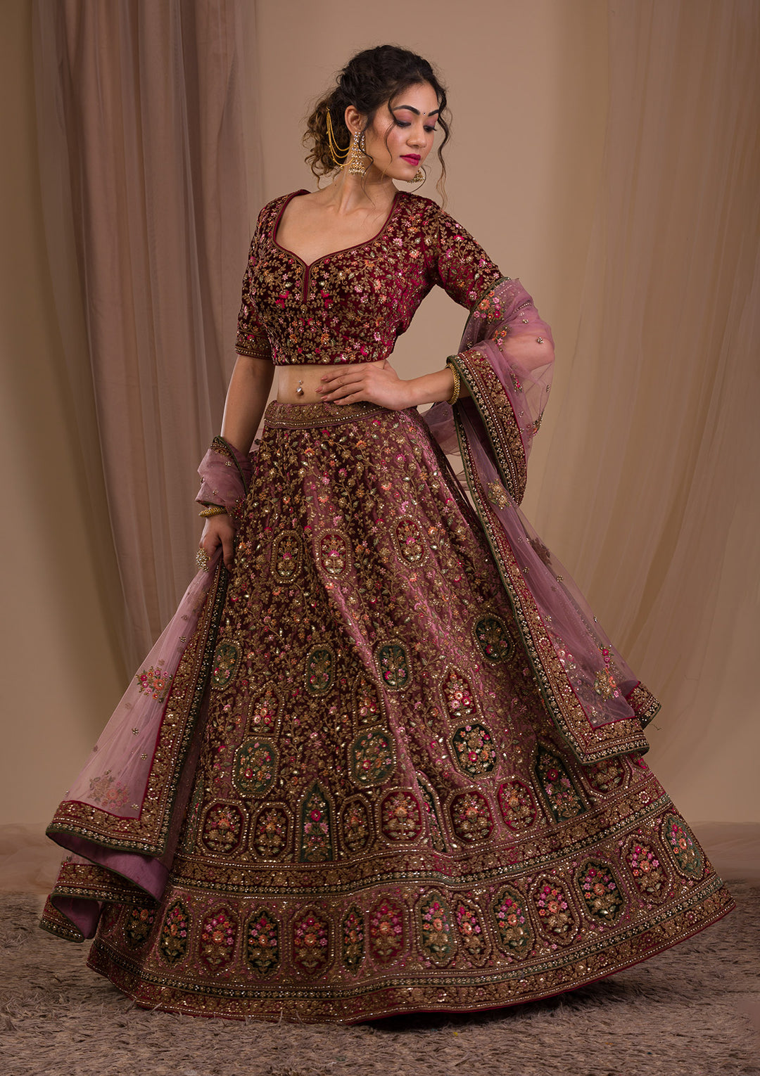 Onion Pink Zariwork Velvet Readymade Lehenga-Koskii