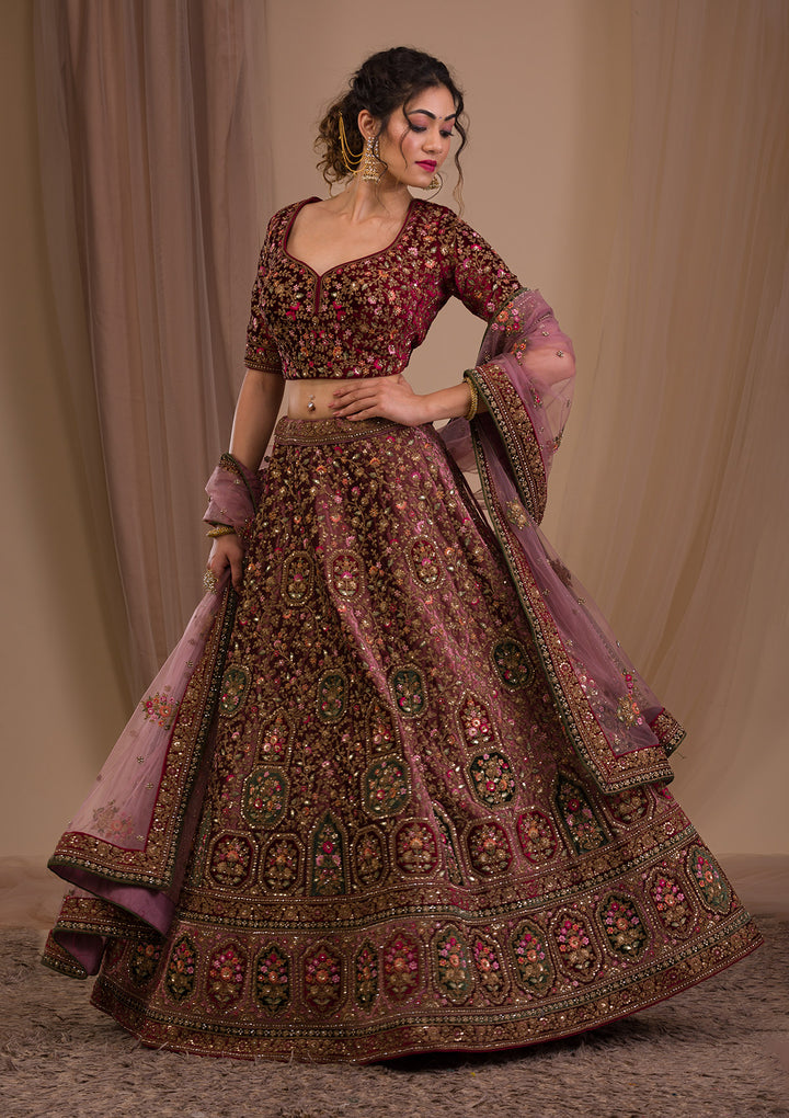 Onion Pink Zariwork Velvet Readymade Lehenga-Koskii