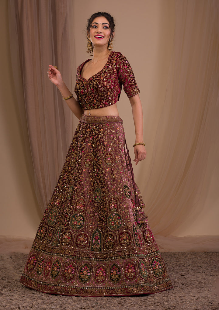 Onion Pink Zariwork Velvet Readymade Lehenga-Koskii