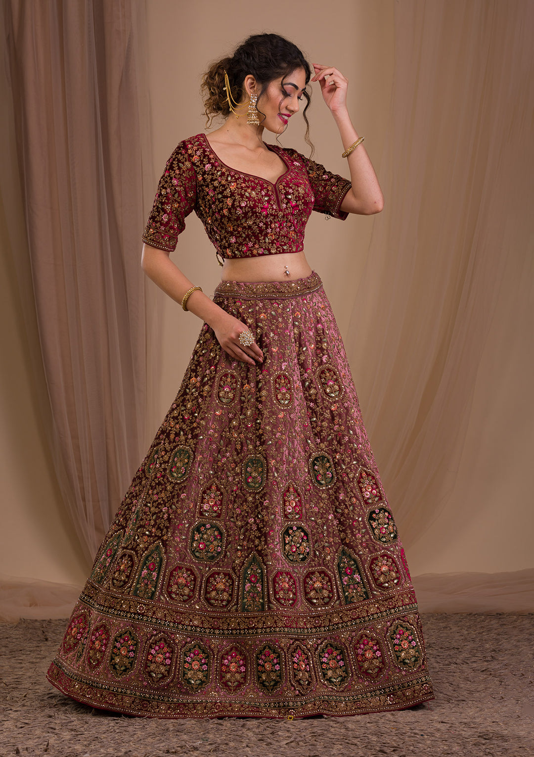 Onion Pink Zariwork Velvet Readymade Lehenga-Koskii