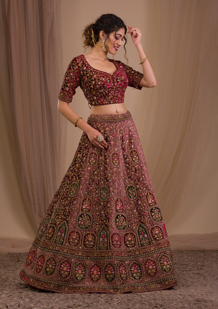 Onion Pink Zariwork Velvet Readymade Lehenga-Koskii