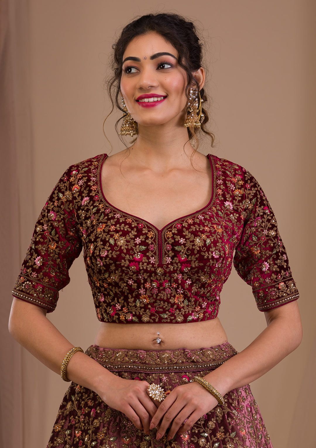 Onion Pink Zariwork Velvet Readymade Lehenga-Koskii