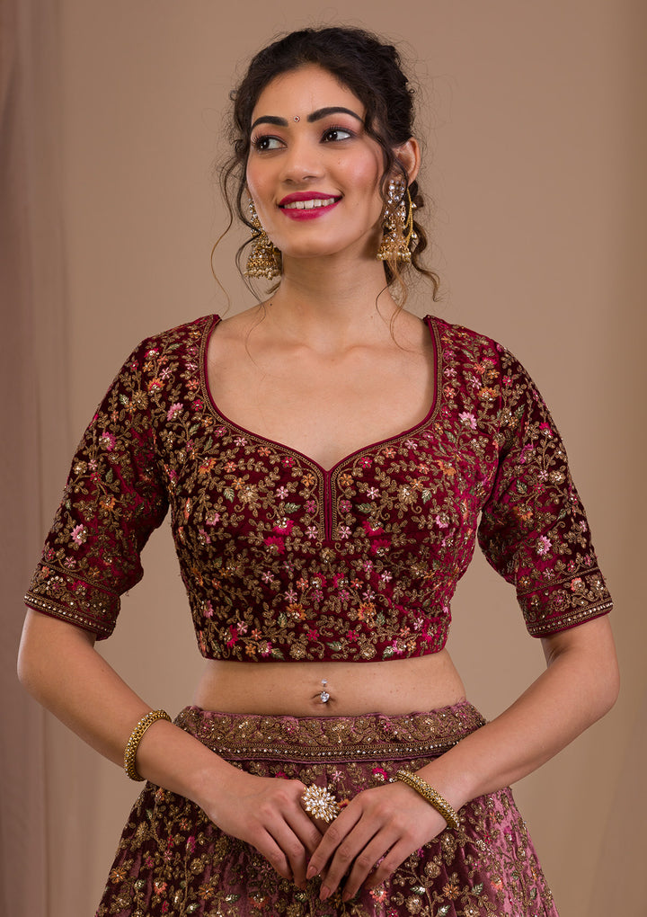 Onion Pink Zariwork Velvet Readymade Lehenga-Koskii