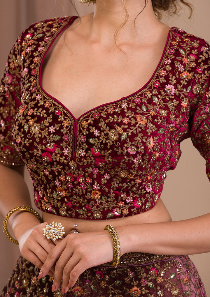 Onion Pink Zariwork Velvet Readymade Lehenga