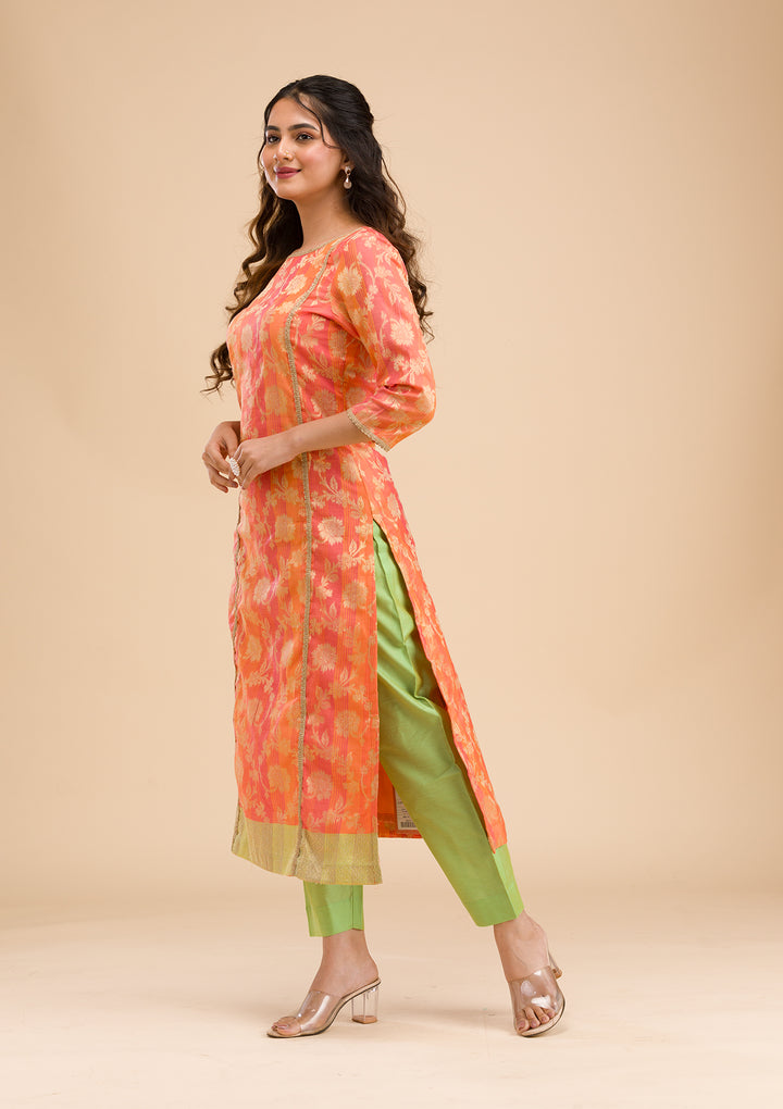 Orange Banarasi Cotton Readymade Salwar Suit