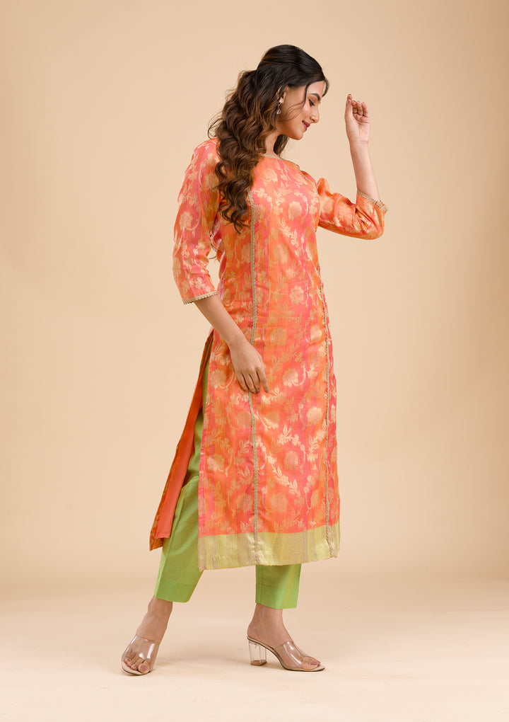 Orange Banarasi Cotton Readymade Salwar Suit