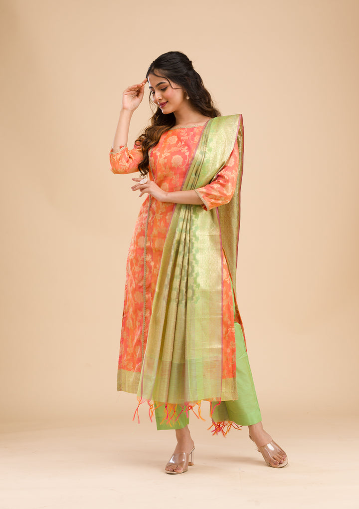 Orange Banarasi Cotton Readymade Salwar Suit