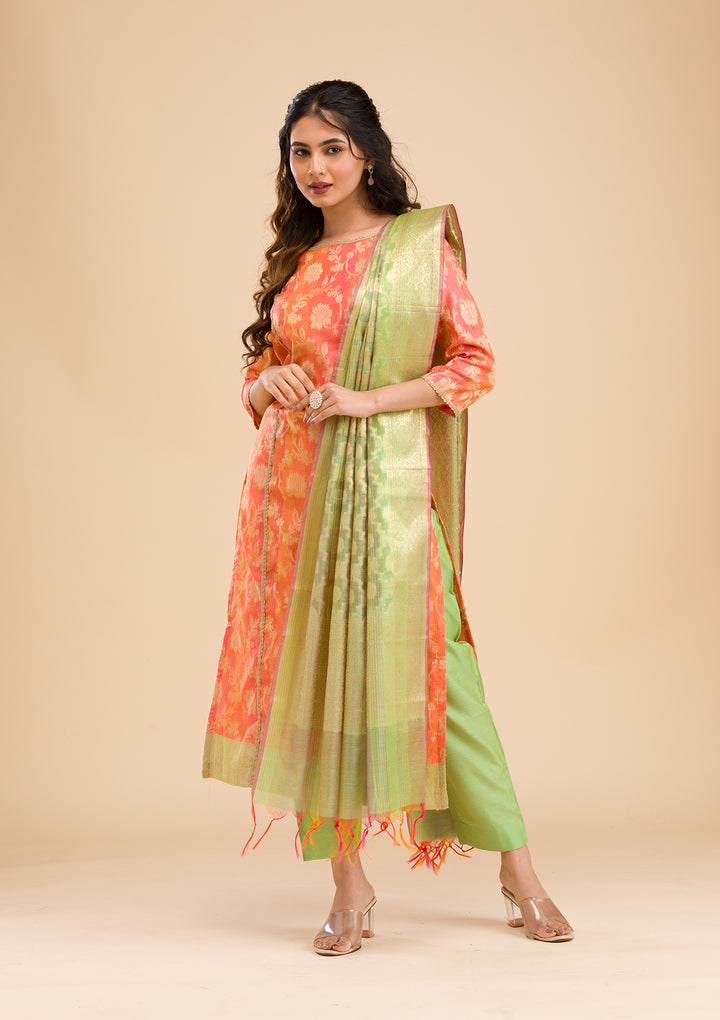 Orange Banarasi Cotton Readymade Salwar Suit