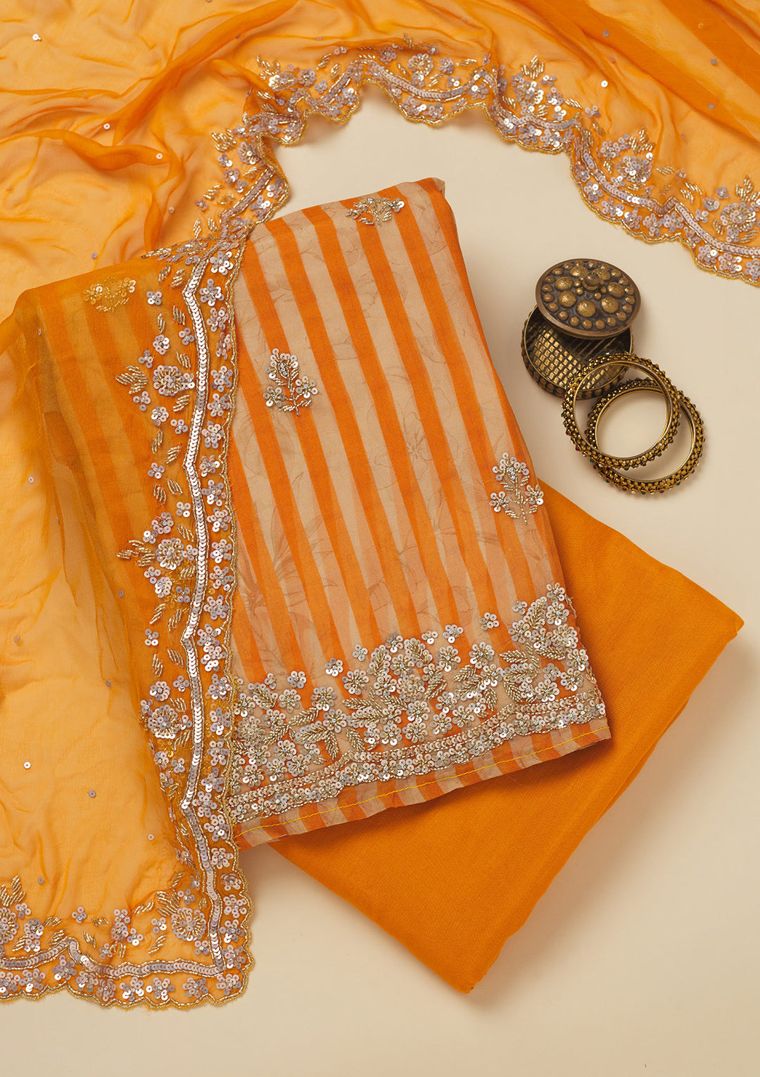 Orange Cutdana Semi Crepe Unstitched Salwar Suit