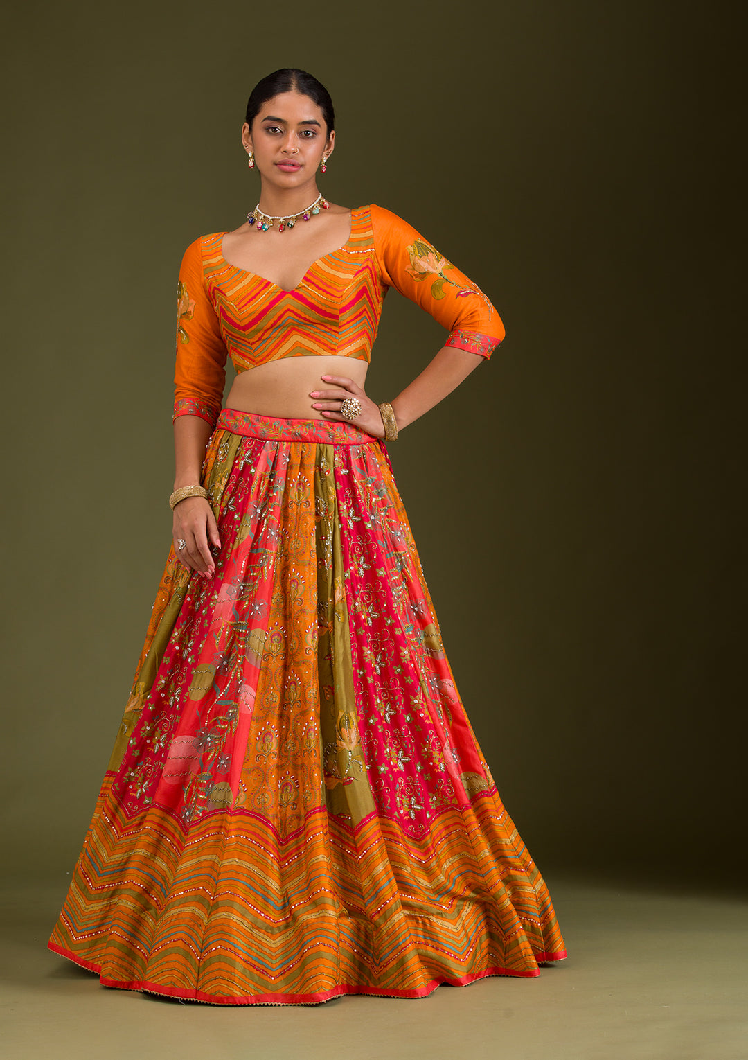 Orange Cutdana Silk Semi Stitched Lehenga
