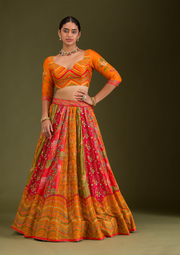Orange Cutdana Silk Semi Stitched Lehenga