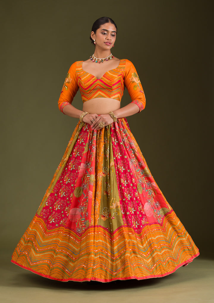 Orange Cutdana Silk Semi Stitched Lehenga