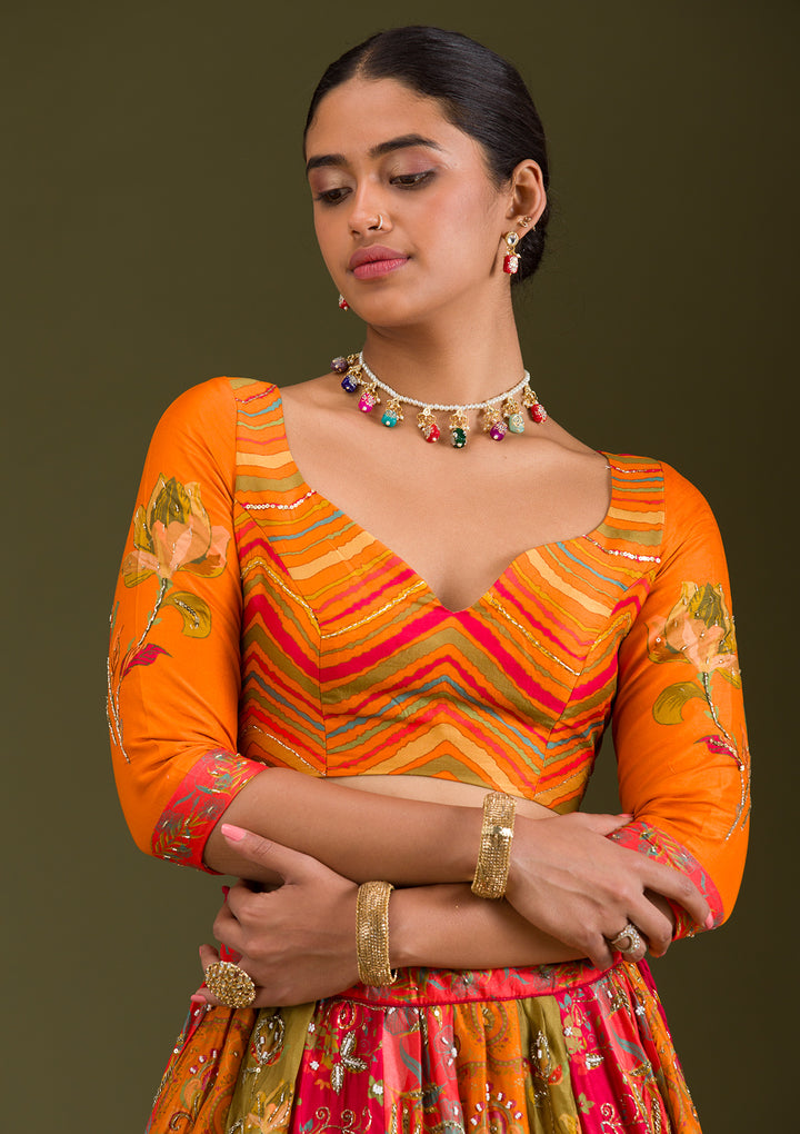 Orange Cutdana Silk Semi Stitched Lehenga