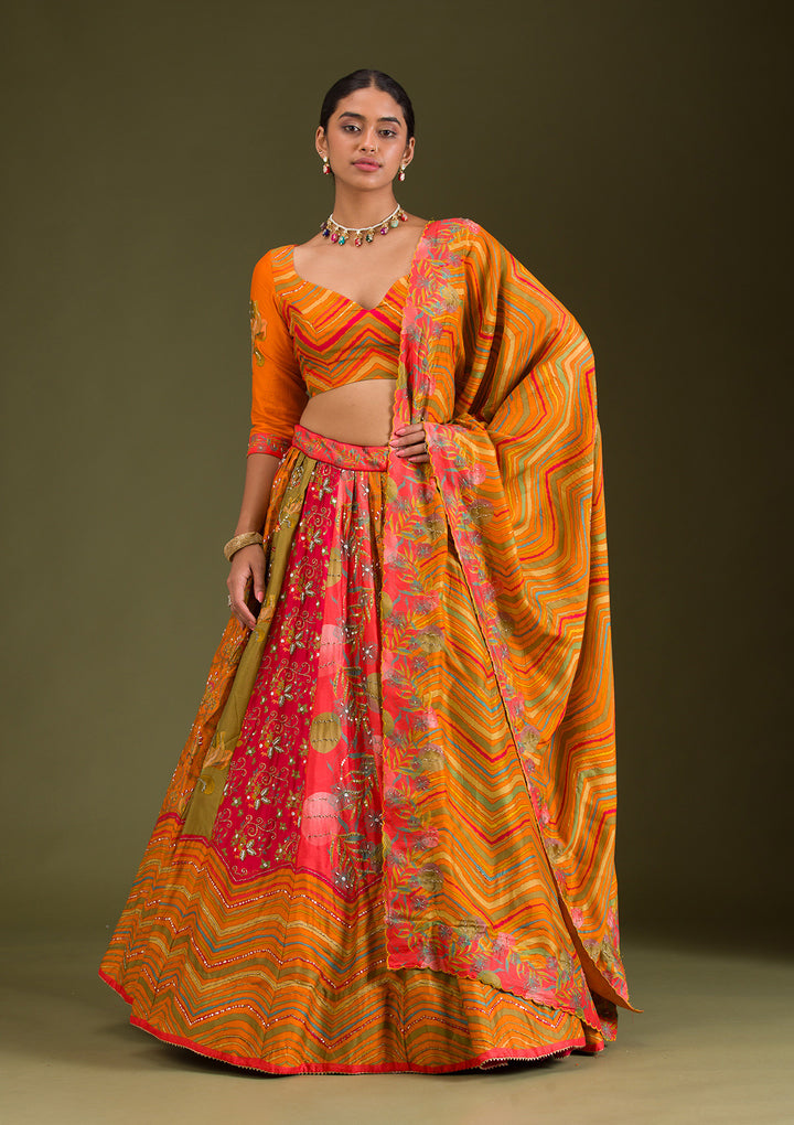 Orange Cutdana Silk Semi Stitched Lehenga