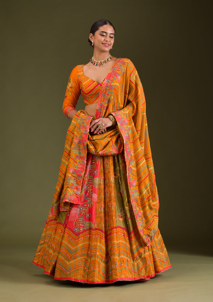 Orange Cutdana Silk Semi Stitched Lehenga