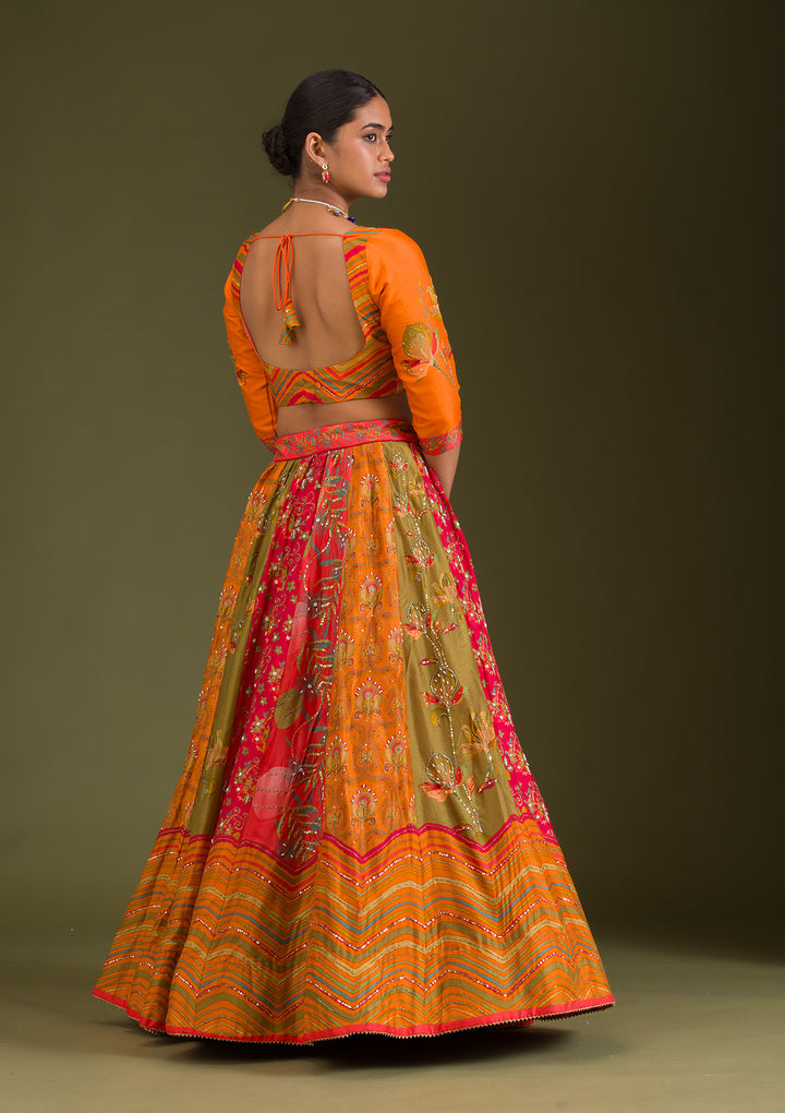 Orange Cutdana Silk Semi Stitched Lehenga