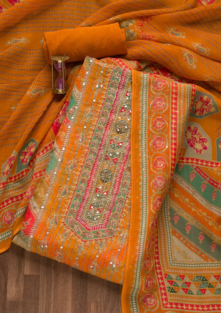 Orange Gotapatti Crepe Unstitched Salwar Suit
