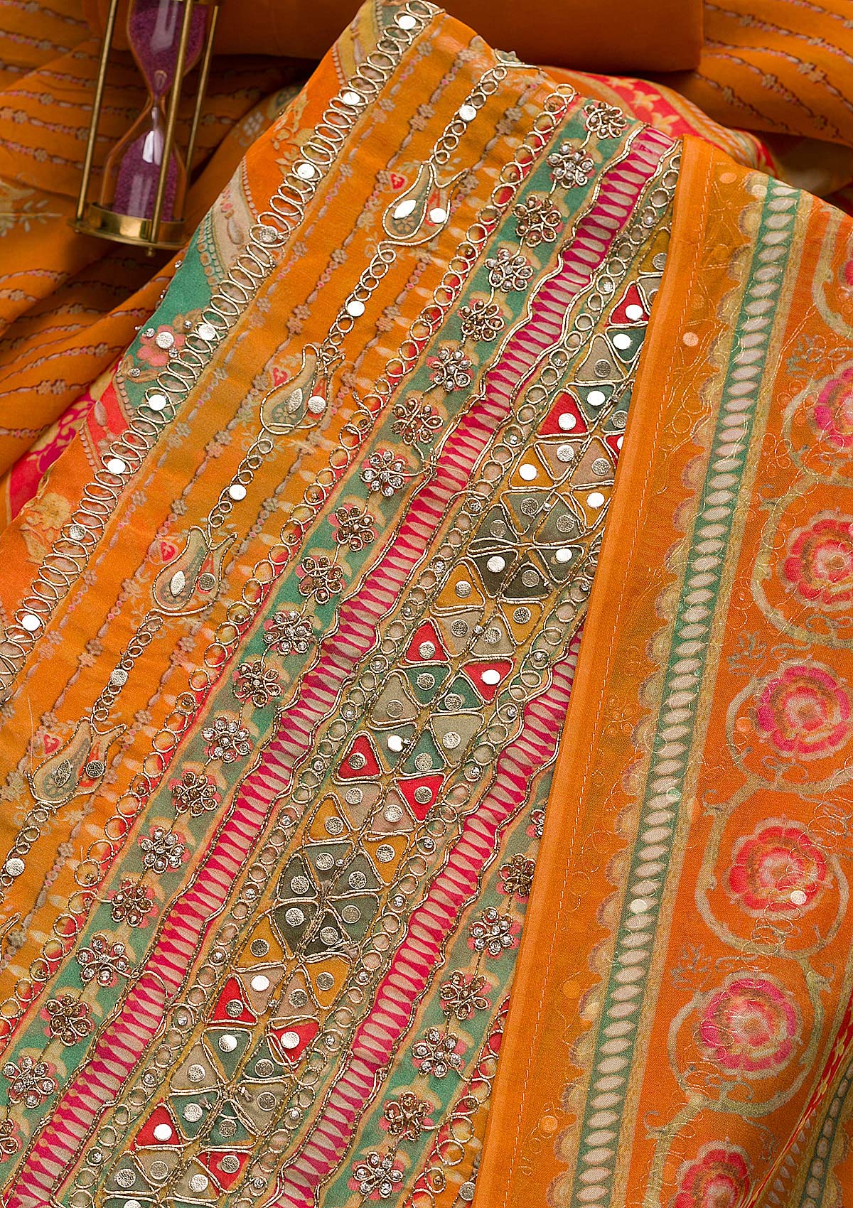 Orange Gotapatti Georgette Unstitched Salwar Suit