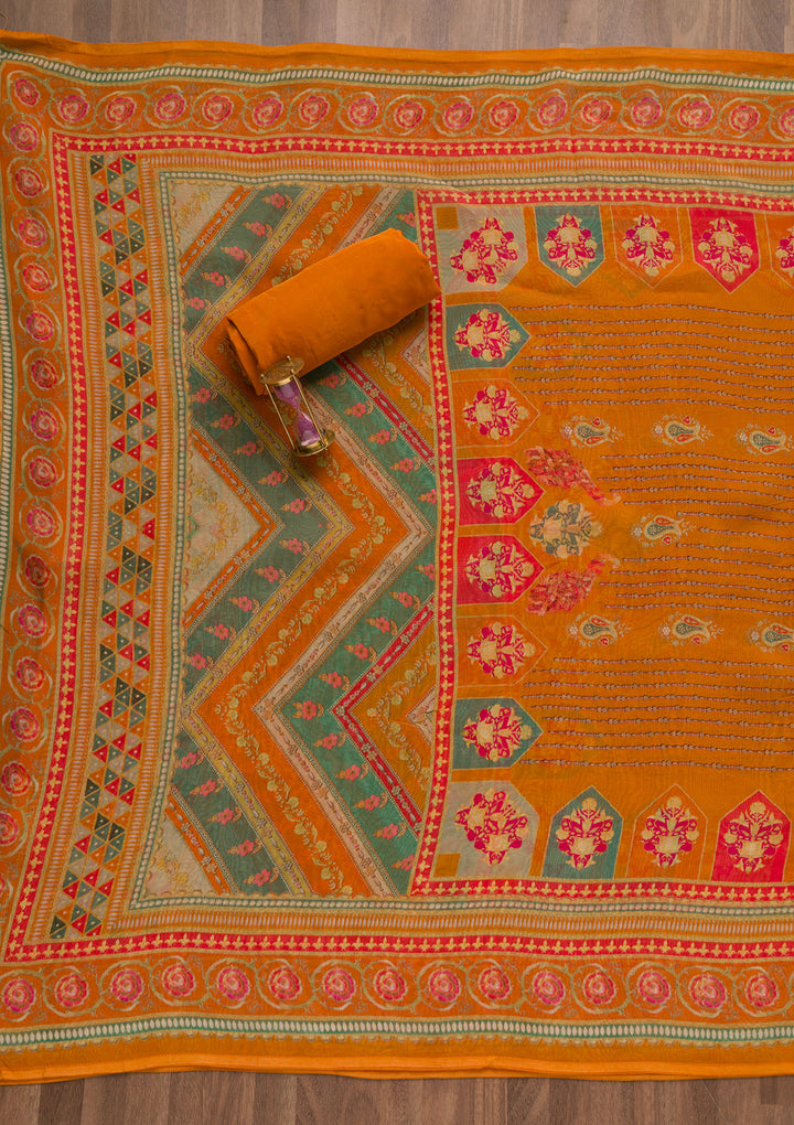 Orange Gotapatti Crepe Unstitched Salwar Suit