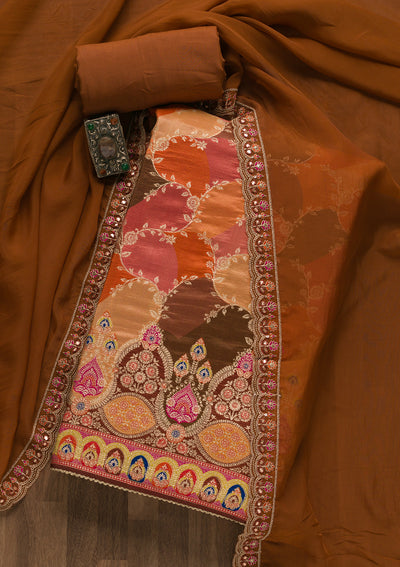 Orange Printed Banarasi Unstitched Salwar Suit
