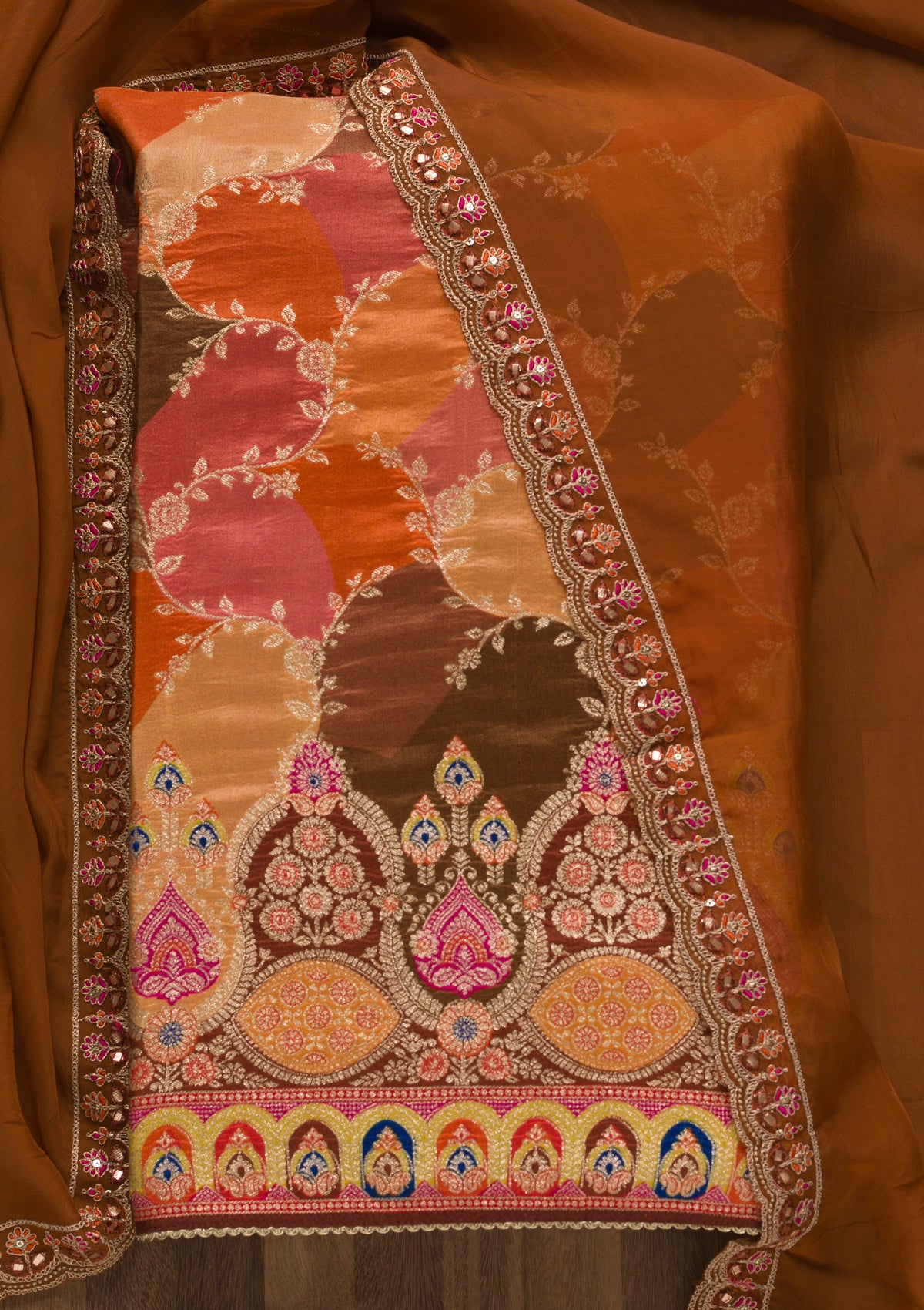 Orange Printed Banarasi Unstitched Salwar Suit
