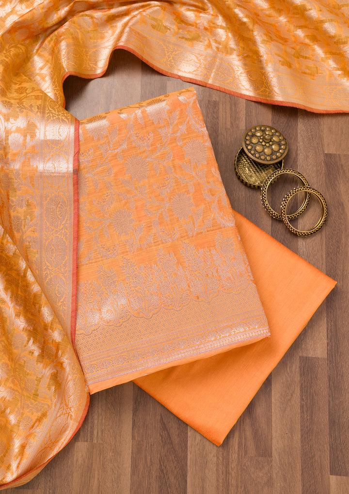 Orange Zariwork Banarasi Unstitched Salwar Suit