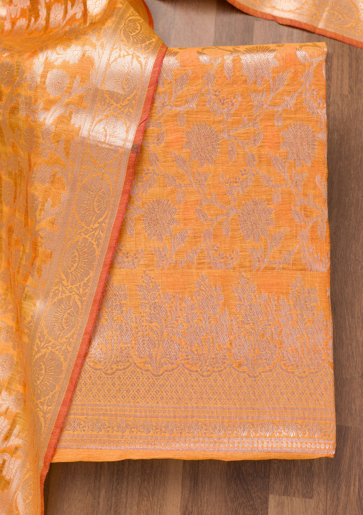 Orange Zariwork Banarasi Unstitched Salwar Suit