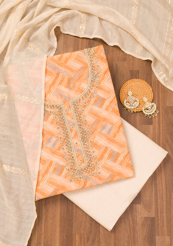 Orange Printed Chanderi Unstitched Salwar Suit