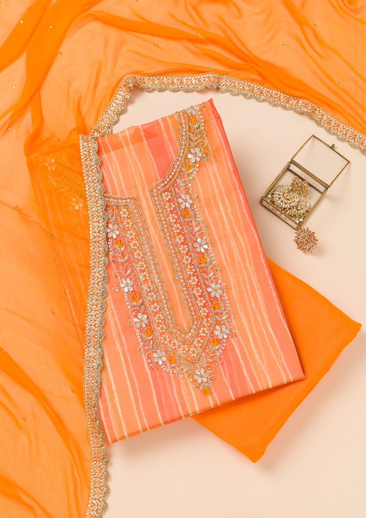 Orange Printed Organza Unstitched Salwar Suit