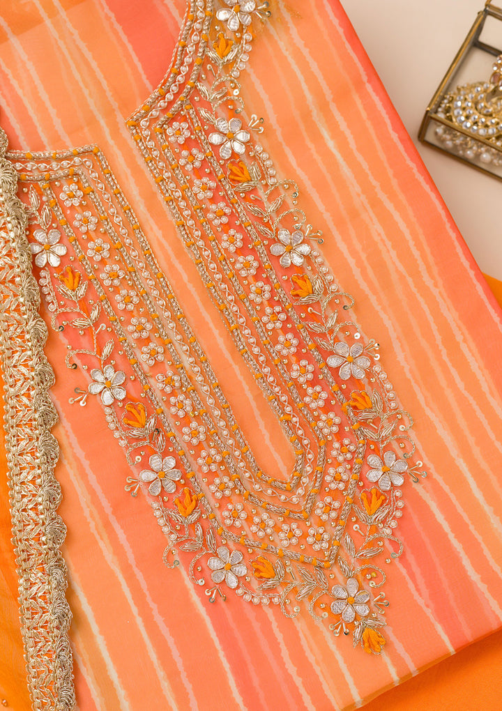 Orange Printed Organza Unstitched Salwar Suit