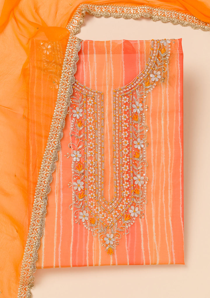 Orange Printed Organza Unstitched Salwar Suit