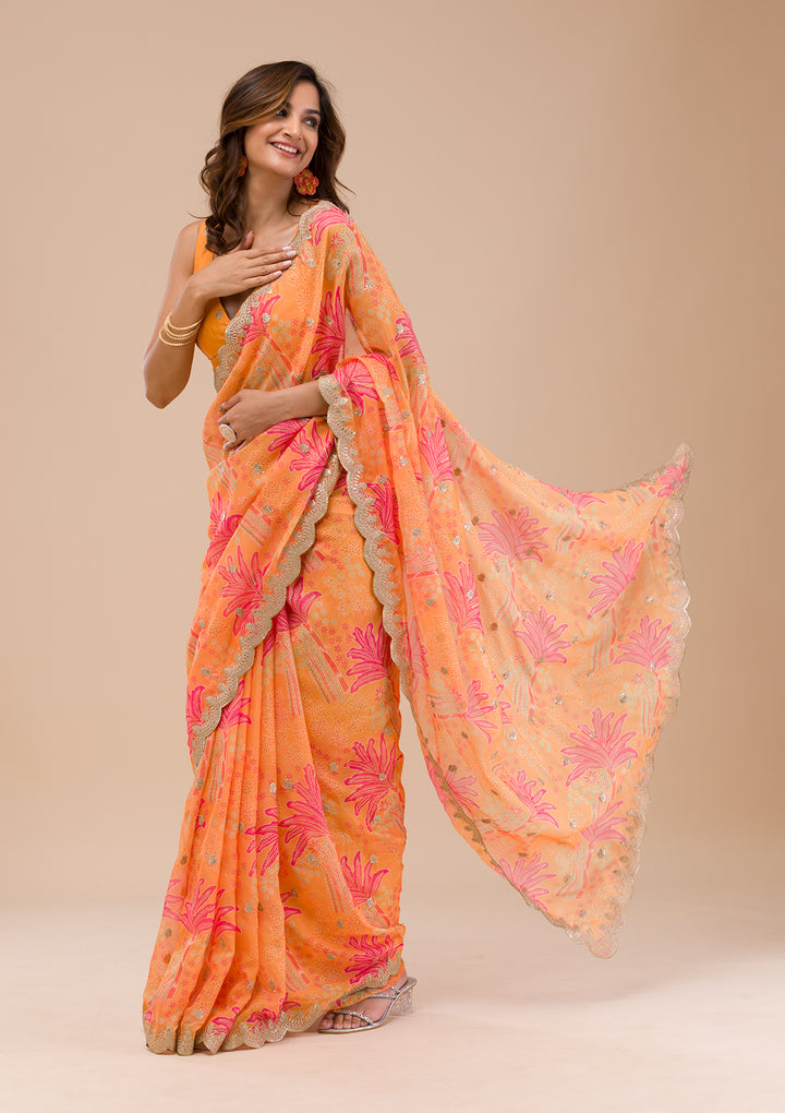 Orange Printed Organza Saree