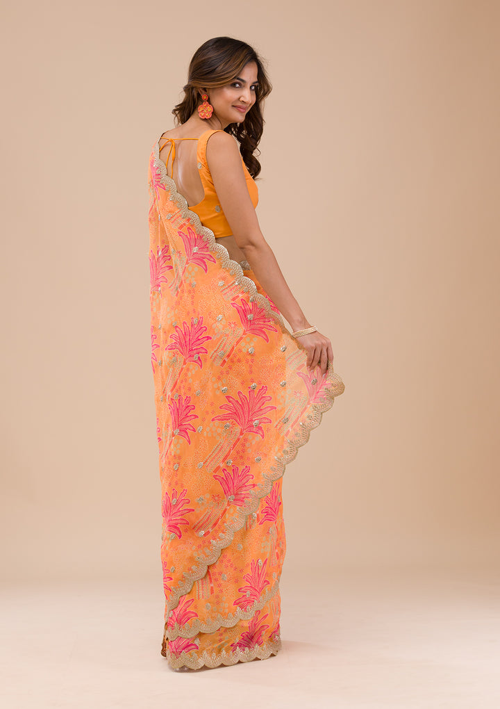 Orange Printed Organza Saree