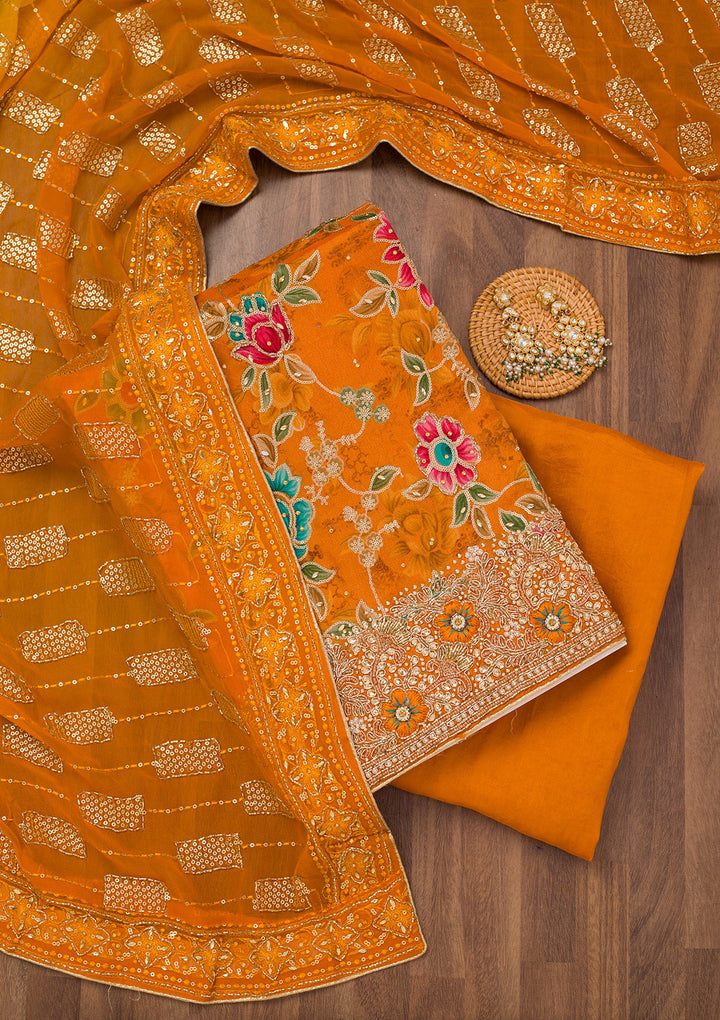 Orange Printed Semi Crepe Unstitched Salwar Suit