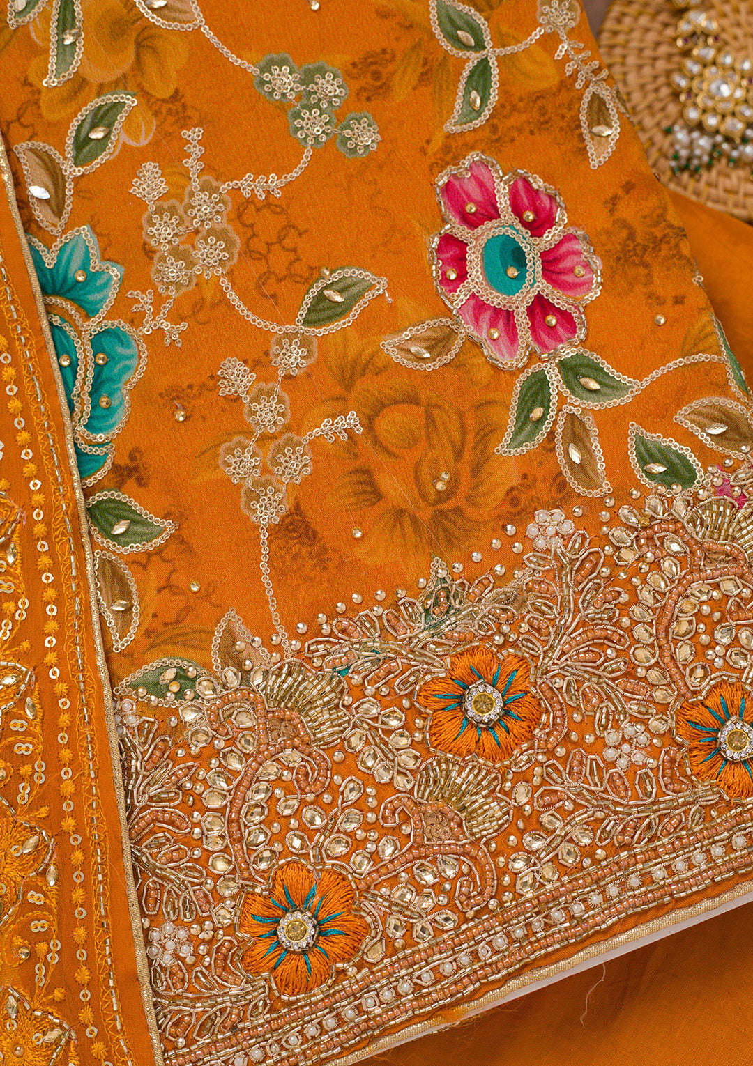 Orange Printed Semi Crepe Unstitched Salwar Suit