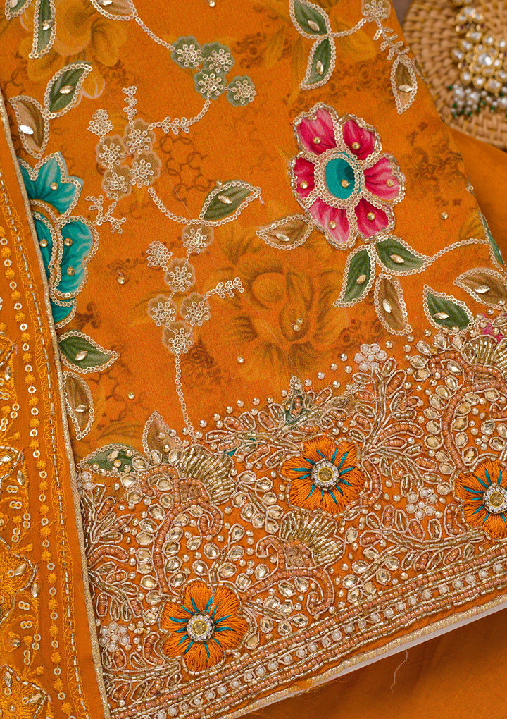 Orange Printed Semi Crepe Unstitched Salwar Suit