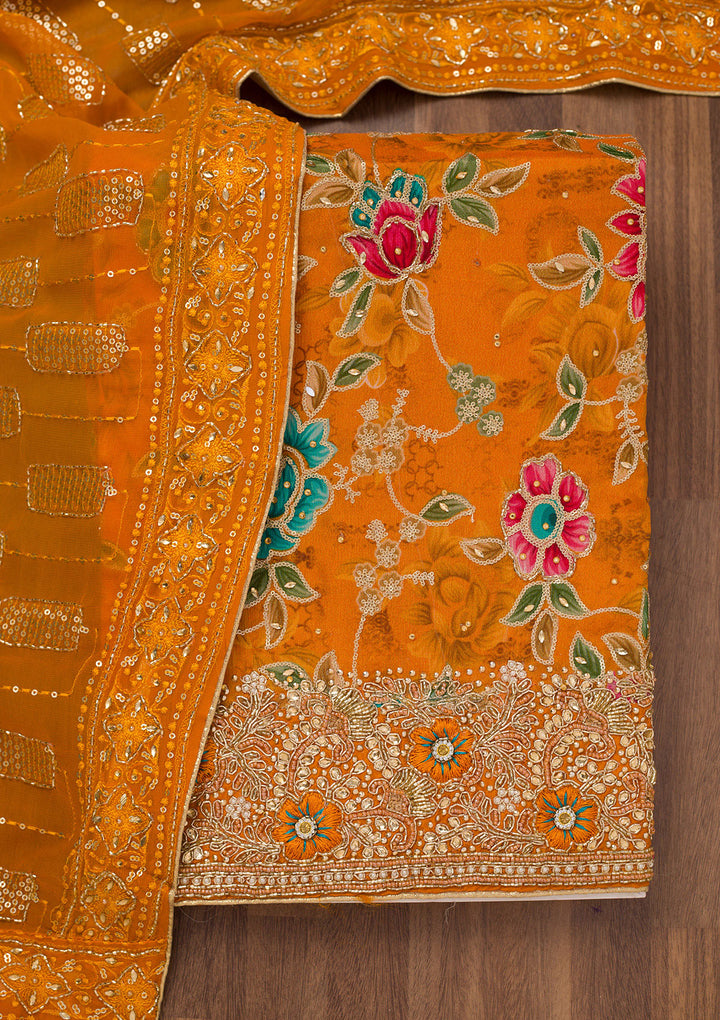 Orange Printed Semi Crepe Unstitched Salwar Suit