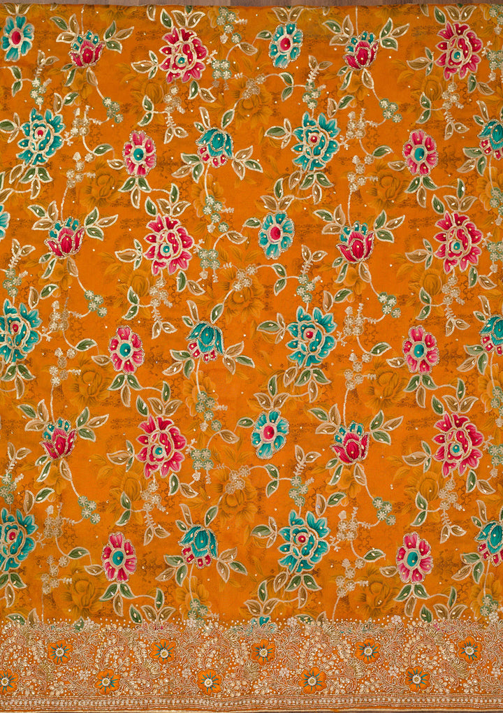Orange Printed Semi Crepe Unstitched Salwar Suit