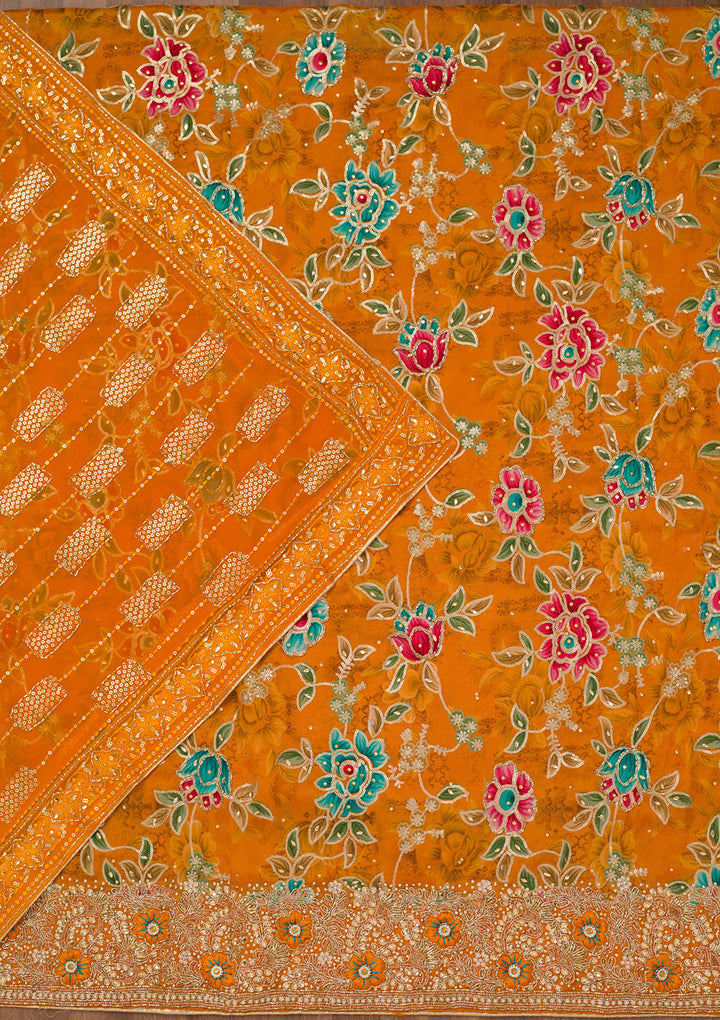 Orange Printed Semi Crepe Unstitched Salwar Suit