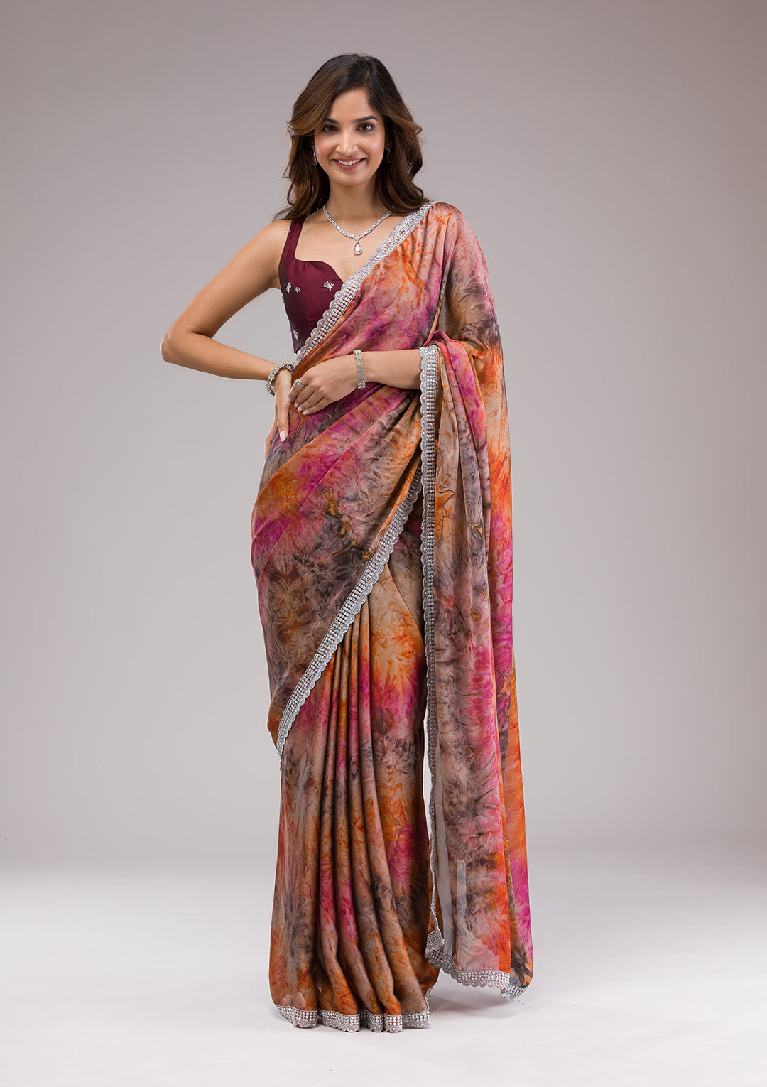 Orange Printed Semi Crepe Saree