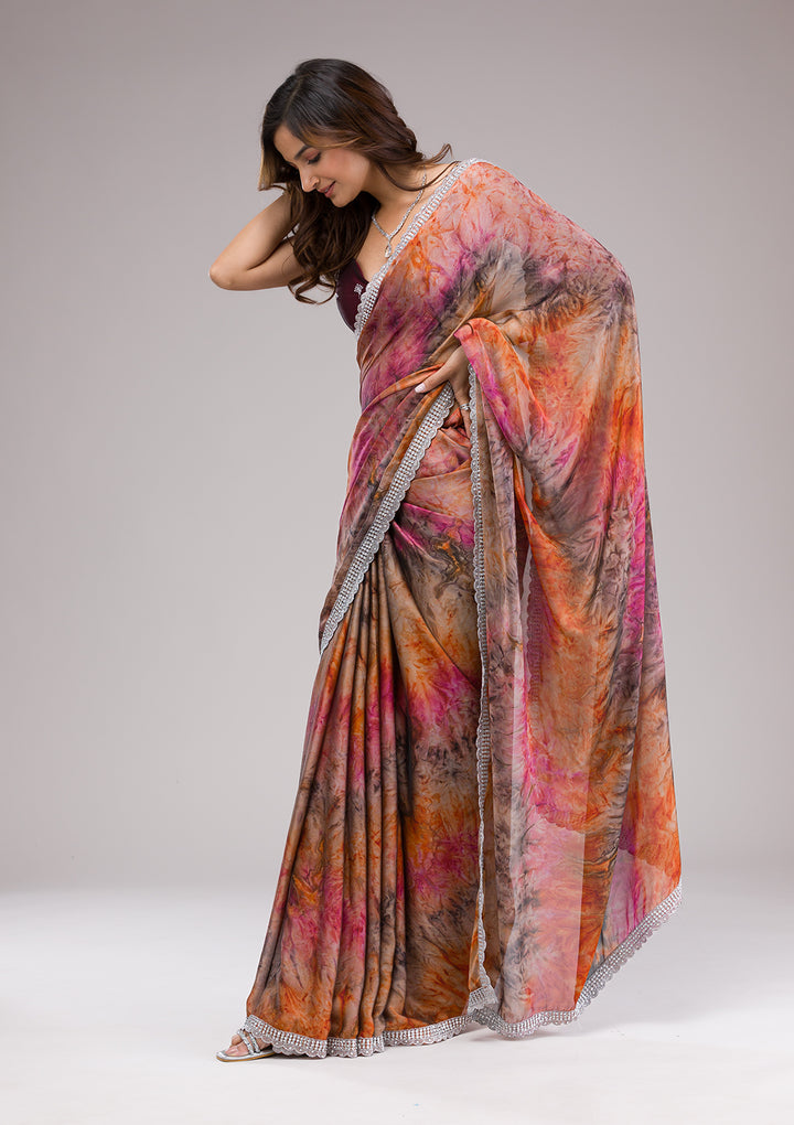 Orange Printed Semi Crepe Saree