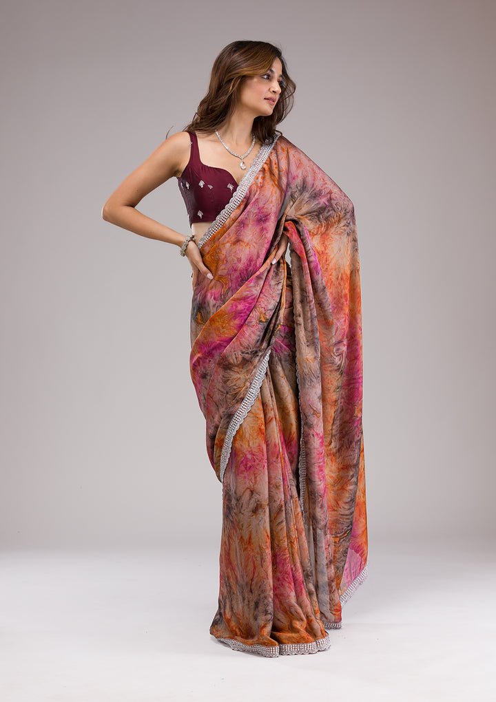 Orange Printed Semi Crepe Saree